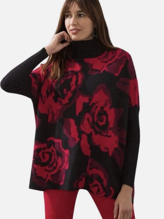 Joseph A Sweaters - NWT JOSEPH A. Floral Rose Knit Poncho Turtleneck Sweater Sz S Red Black Gold $78